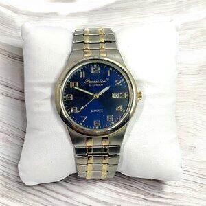 Precision By Gruen Mens Quartz Watch Blue Dial Two-Tone Stainless Steel Bracelet